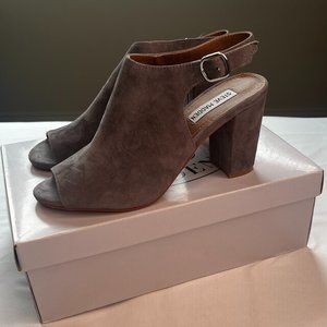 Steve Madden Women's Grey Suede Ankle Booties with Peep Toe, Open Heel - US 8.5